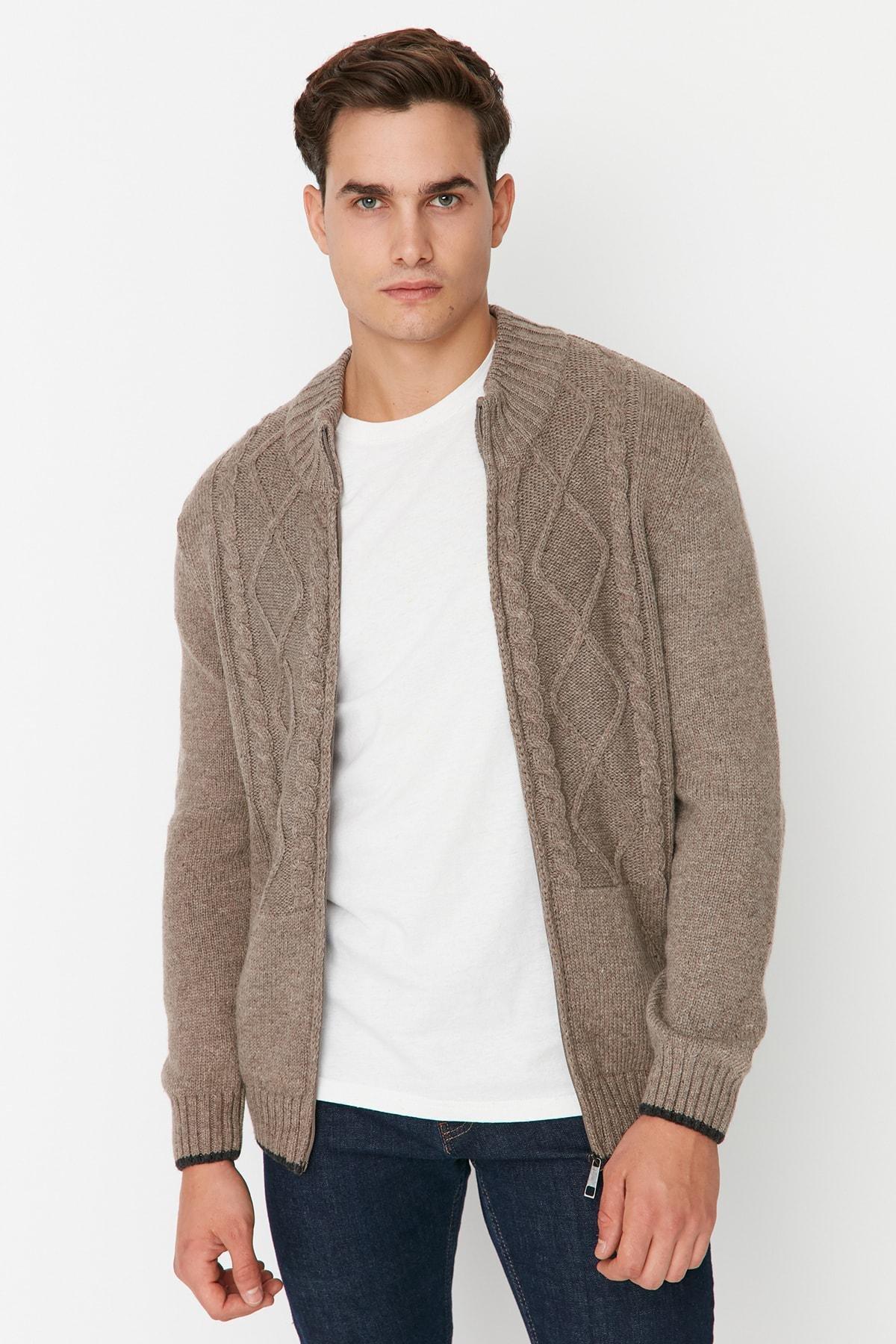 Brown Standing Collar Cardigan, , large image number 0