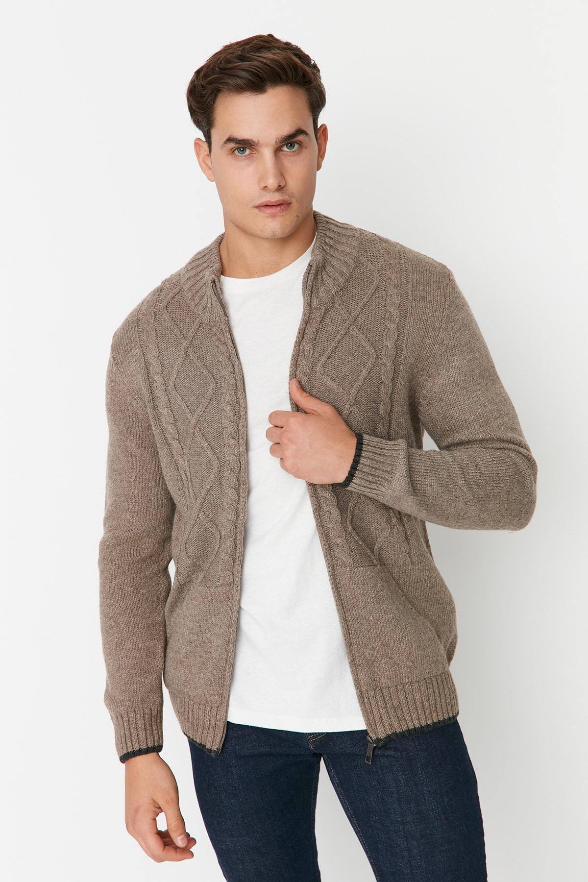 Brown Standing Collar Cardigan, , large image number 2