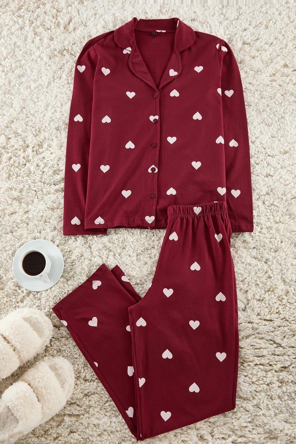 Red Heart Patterned Pajama Set, Burgundy, medium