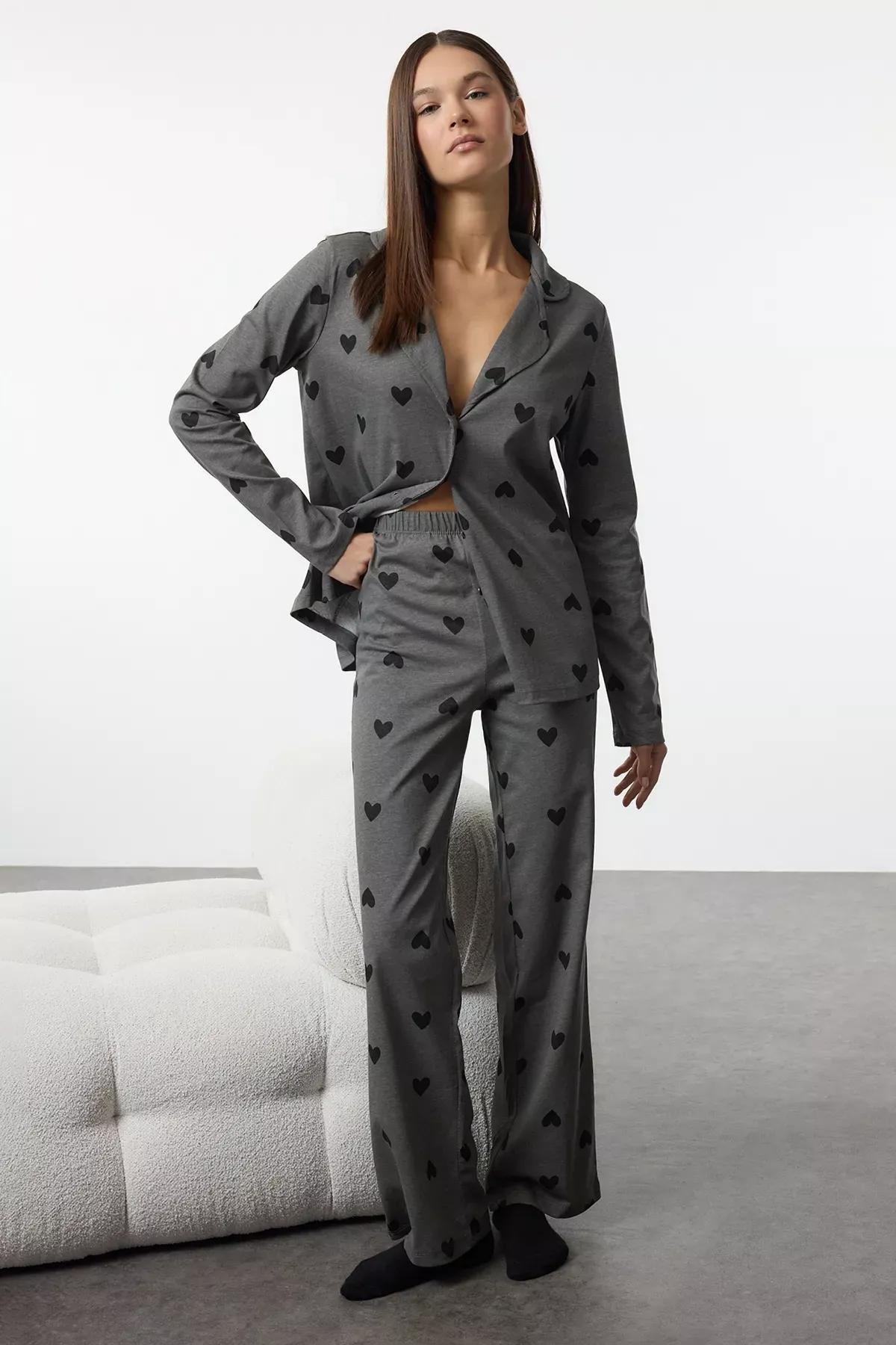 Grey Heart Pattern Pajama Set, Grey, medium