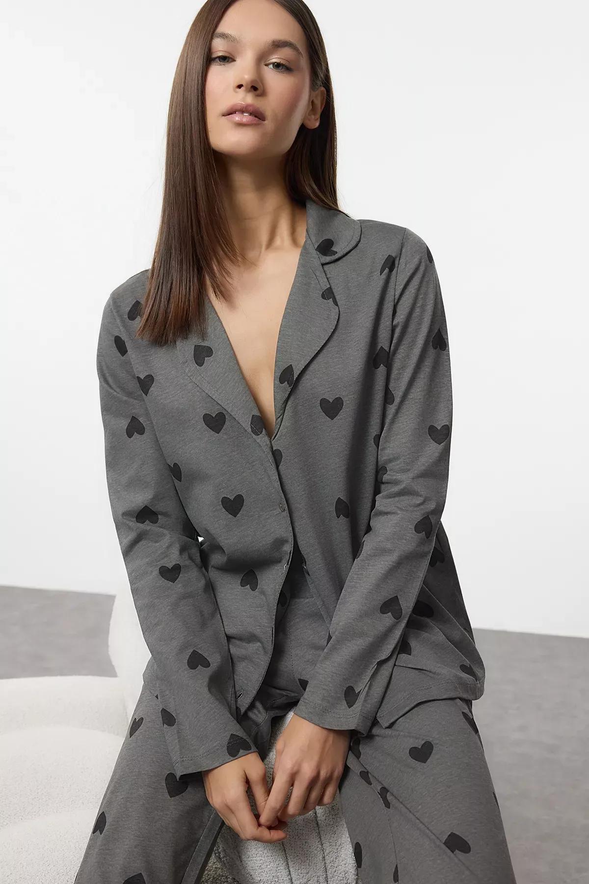 Grey Heart Pattern Pajama Set, Grey, medium