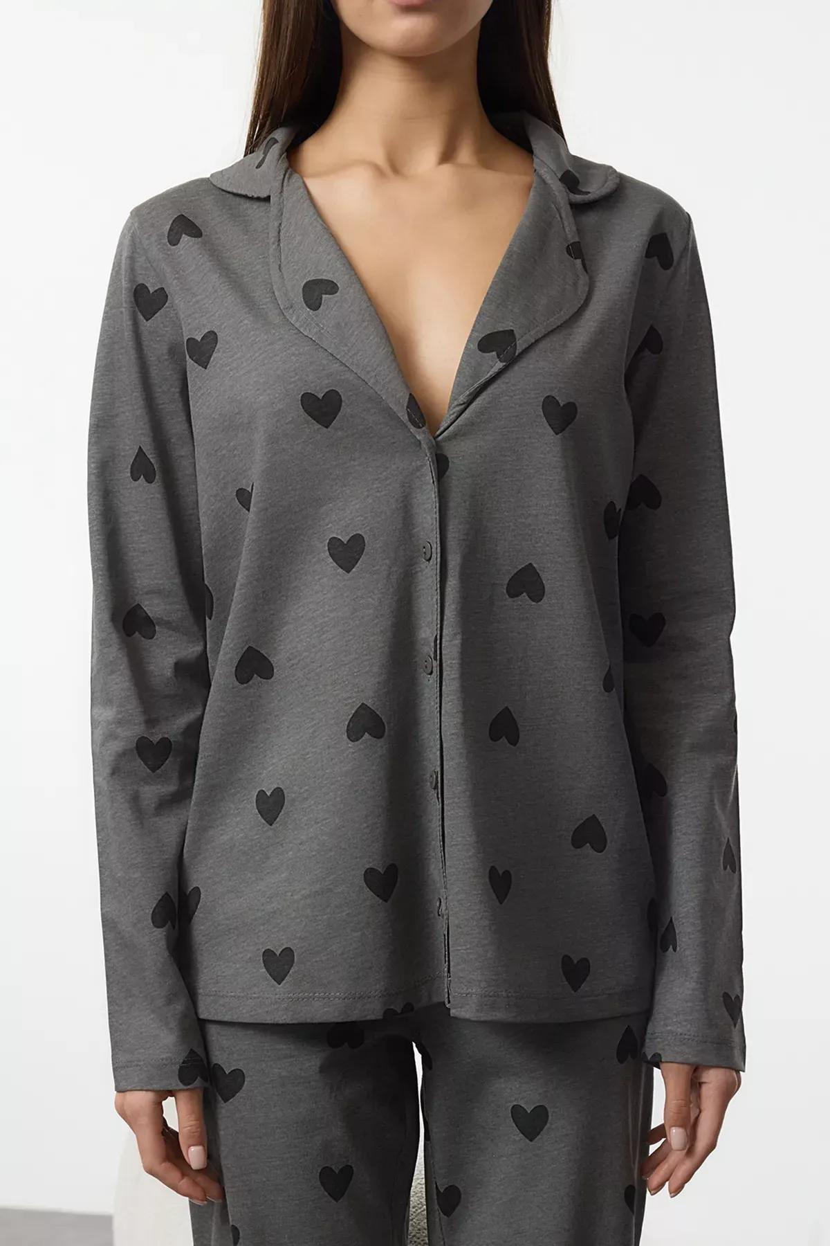 Grey Heart Pattern Pajama Set, Grey, medium