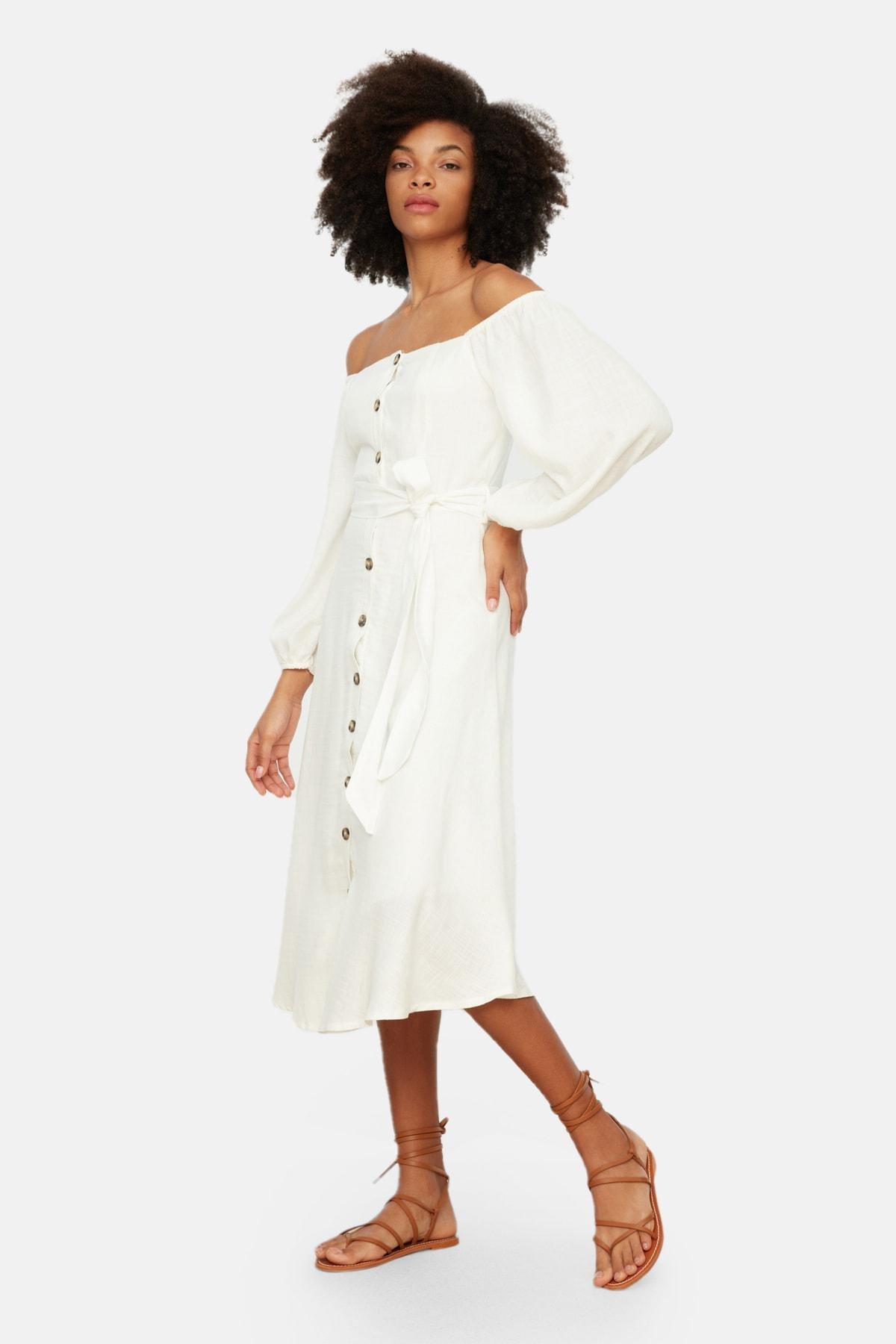 Beige Frills Ruffle Bardot Dress, , large image number 0