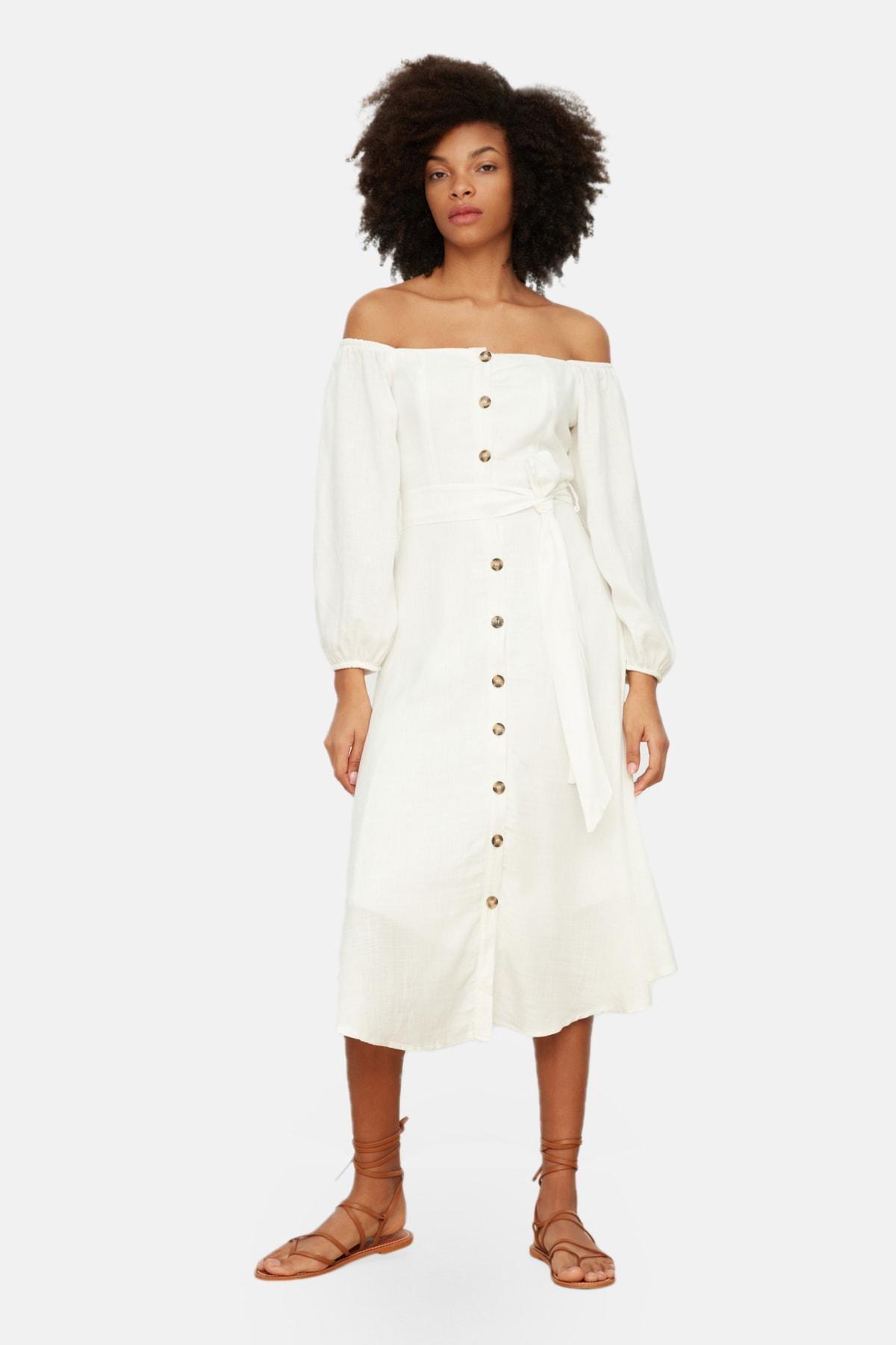Beige Frills Ruffle Bardot Dress, , large image number 1