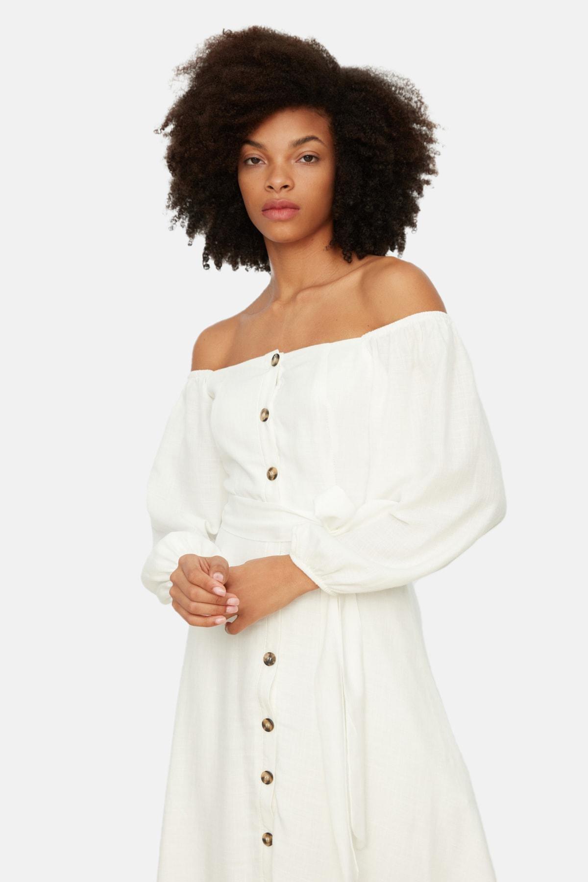 Beige Frills Ruffle Bardot Dress, , large image number 3