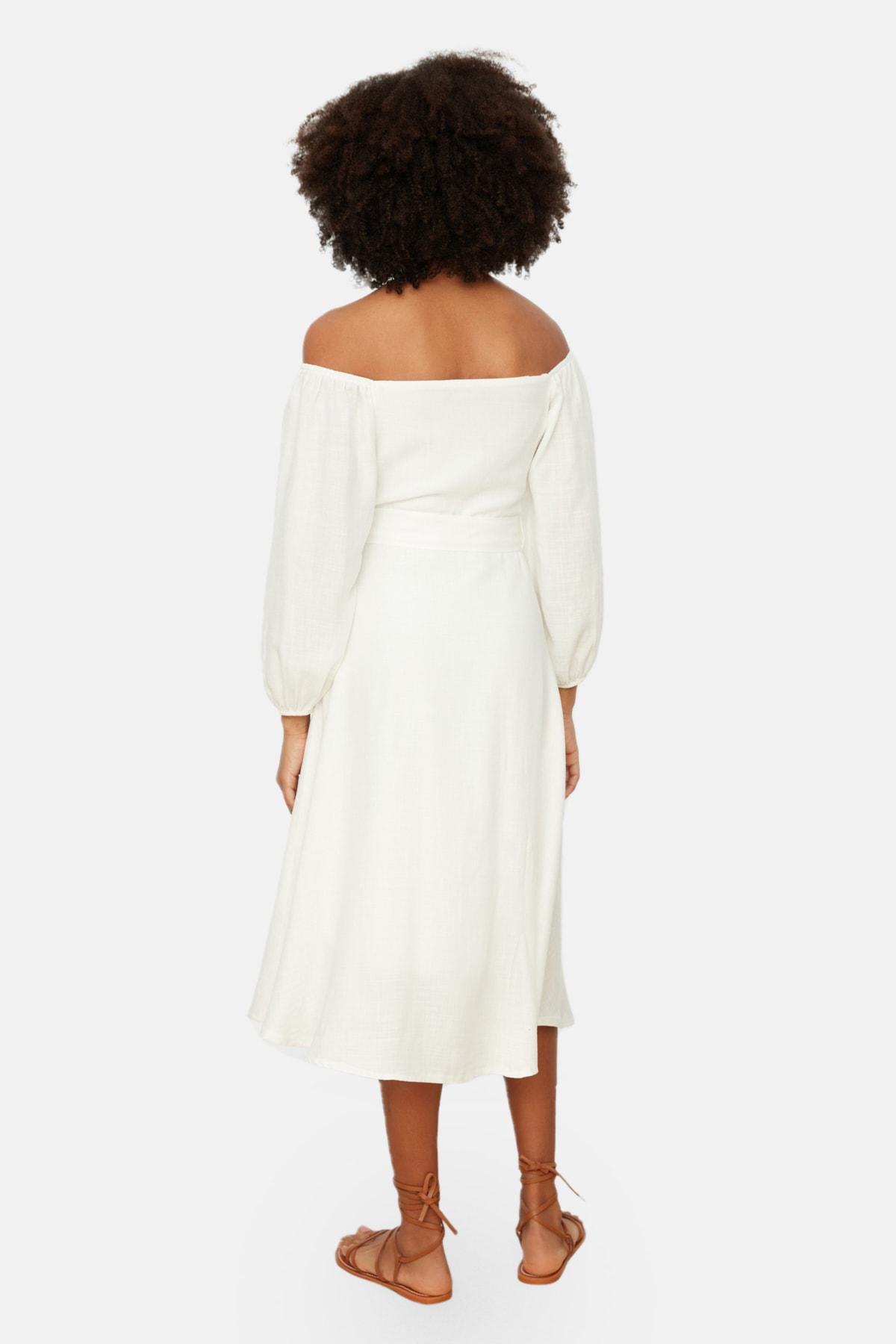 Beige Frills Ruffle Bardot Dress, , large image number 5