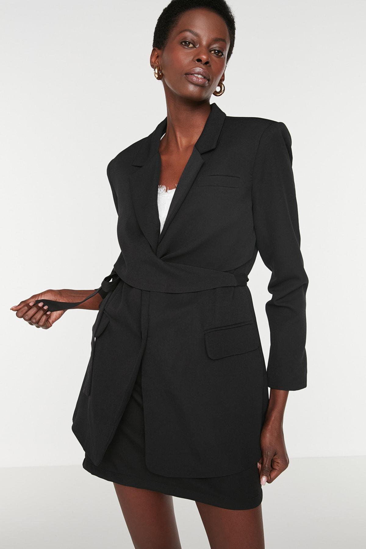 Black Regular Lapel Collar Blazer, Black, medium
