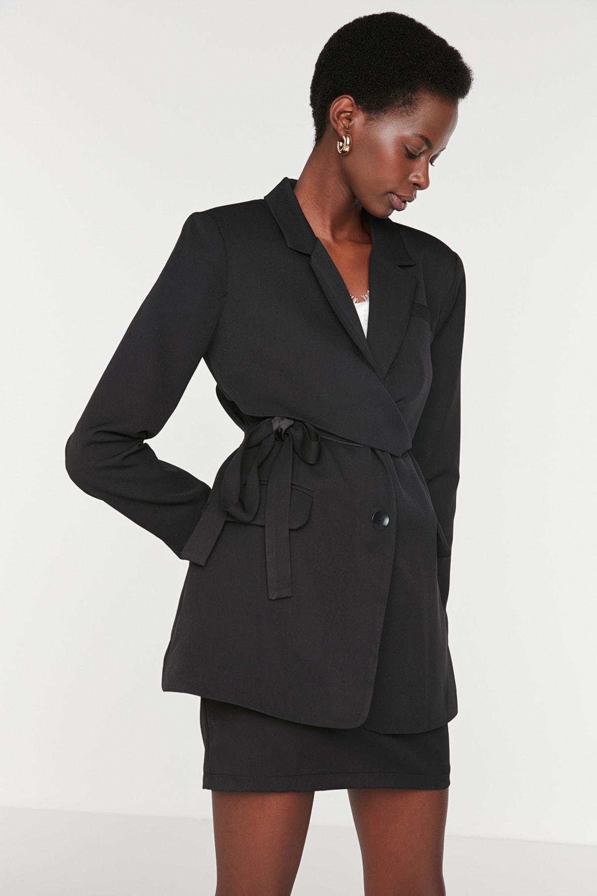 Black Regular Lapel Collar Blazer, Black, medium