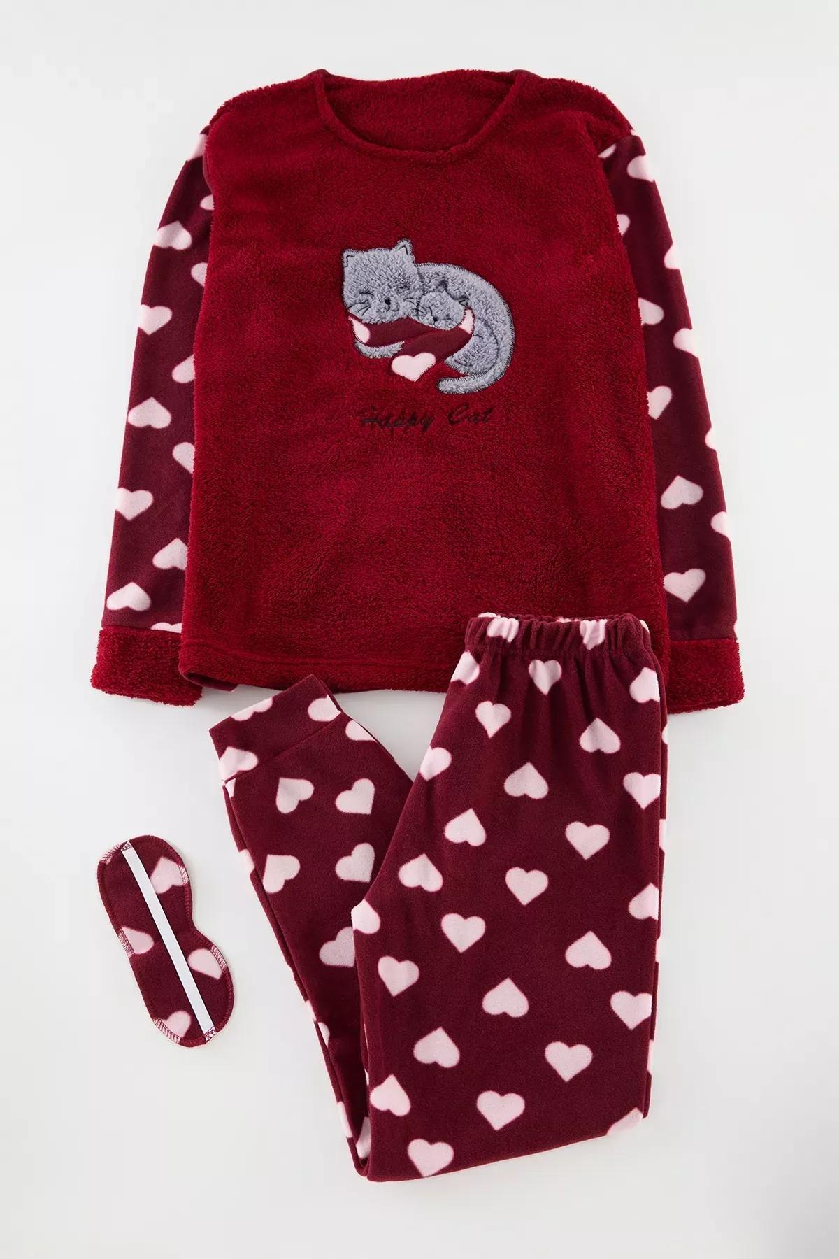Burgundy Heart Cat Embroidered Pajama Set, Burgundy, medium