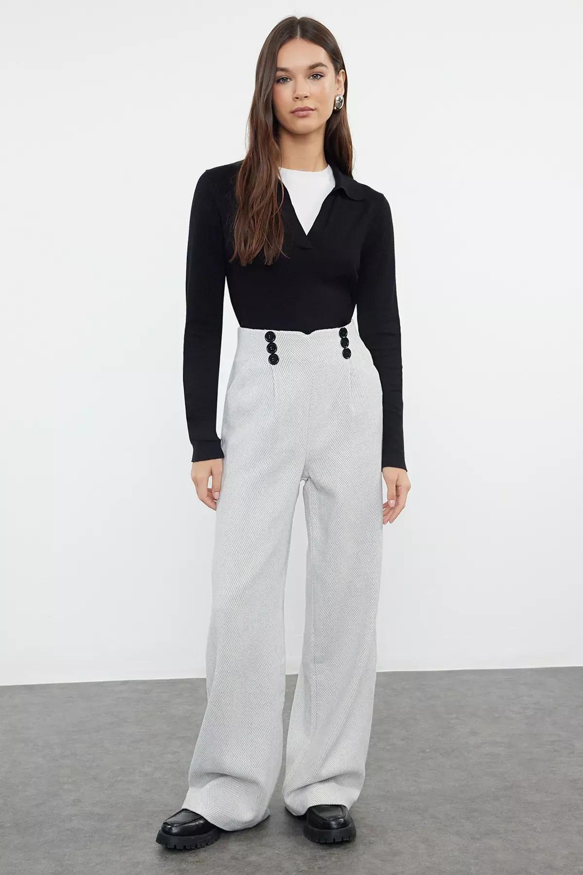 Grey button Detail Wide Leg Trousers, LIGHT GREY, large image number 0