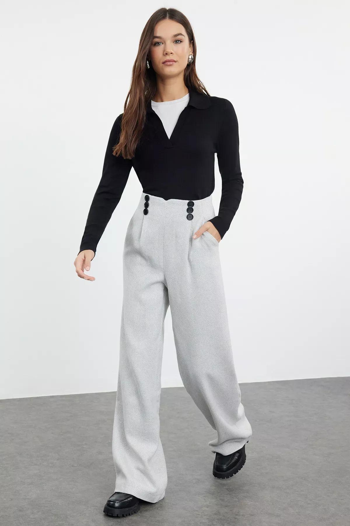 Grey button Detail Wide Leg Trousers, LIGHT GREY, large image number 1