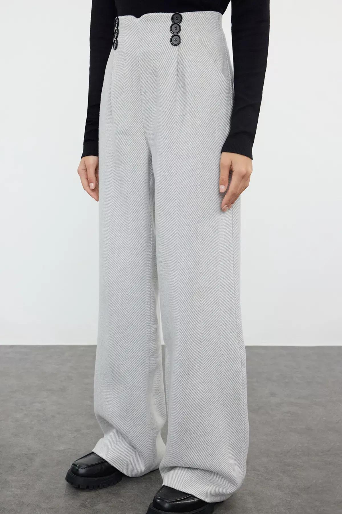 Grey button Detail Wide Leg Trousers, LIGHT GREY, large image number 2
