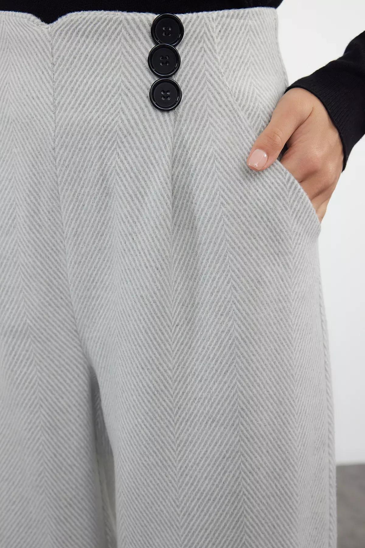Grey button Detail Wide Leg Trousers, LIGHT GREY, large image number 3