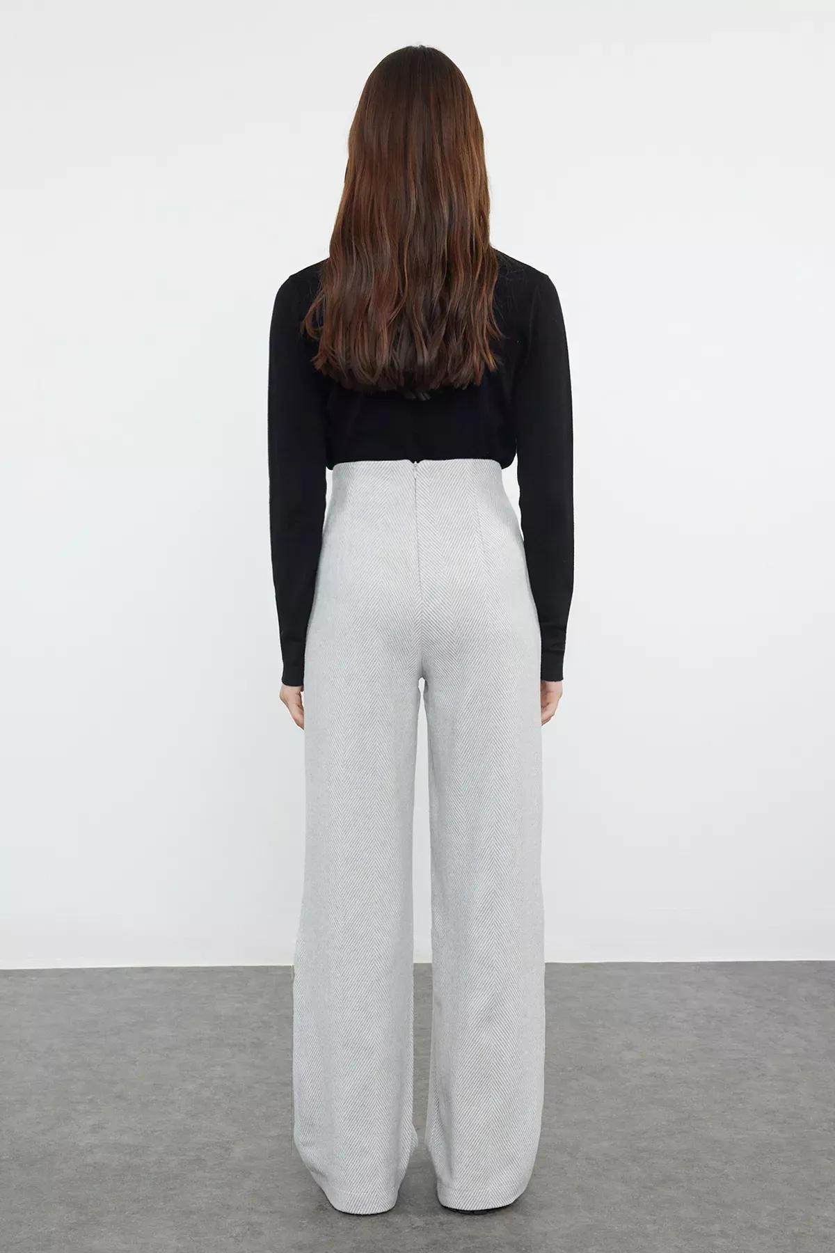 Grey button Detail Wide Leg Trousers, LIGHT GREY, large image number 4
