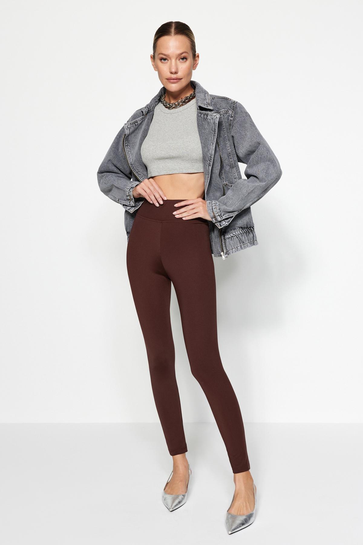 Brown Fleece Scuba High Waist Knitted Leggings, , large image number 0