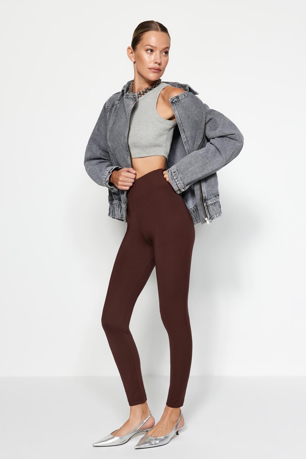Brown Fleece Scuba High Waist Knitted Leggings, , large image number 1