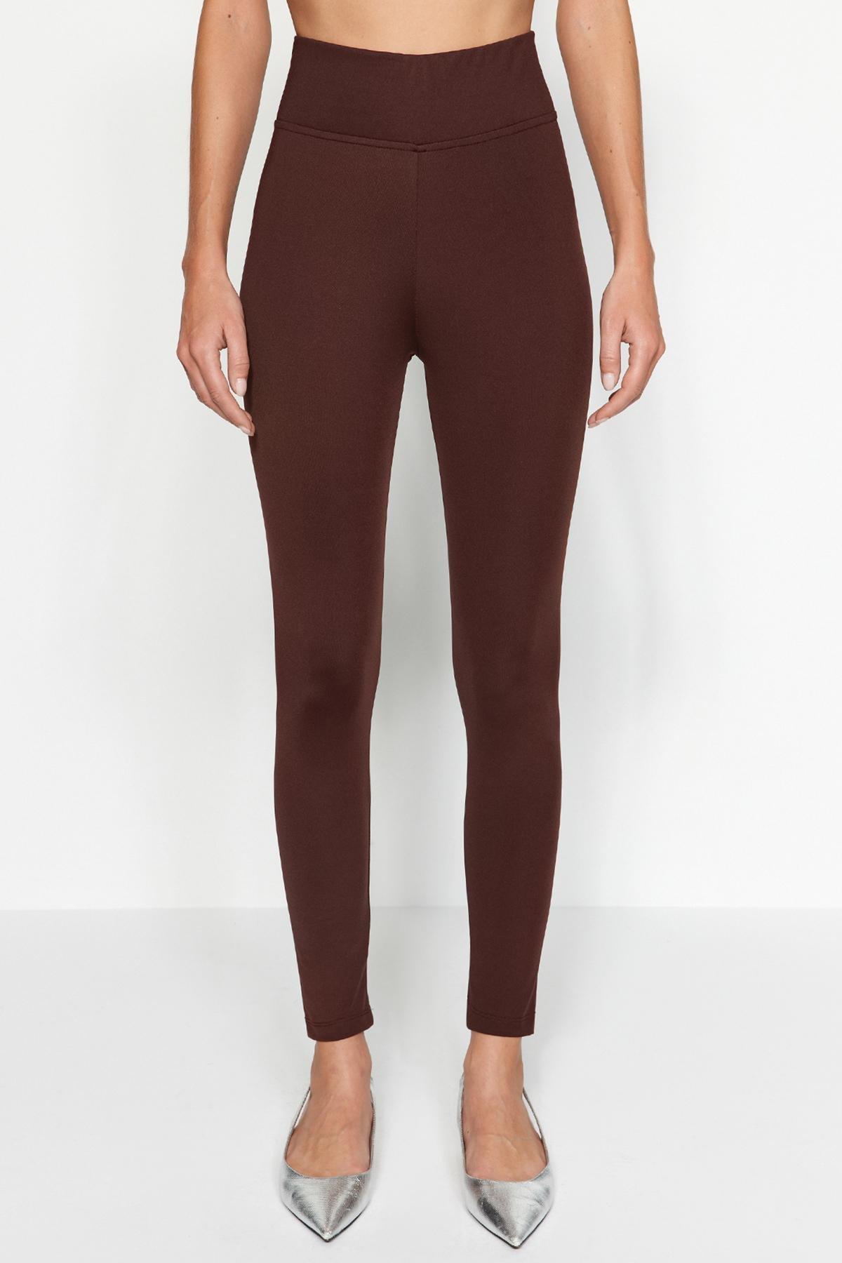 Brown Fleece Scuba High Waist Knitted Leggings, , large image number 2