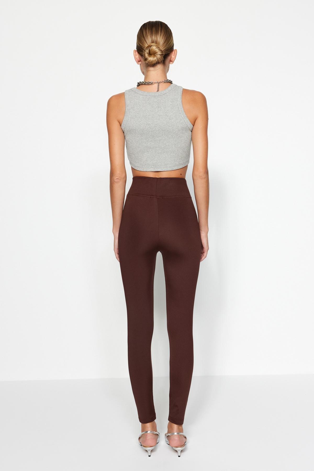 Brown Fleece Scuba High Waist Knitted Leggings, , large image number 4
