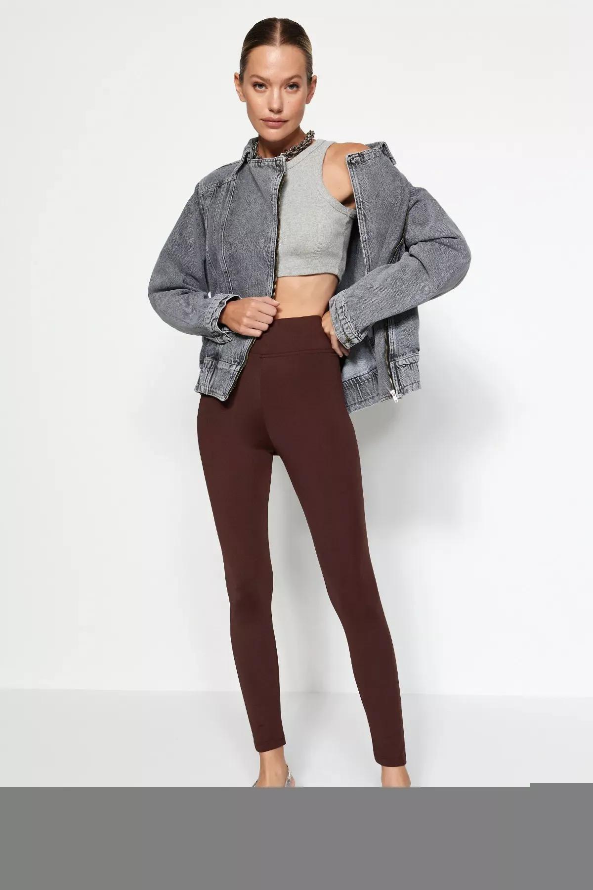 Brown Fleece Scuba High Waist Knitted Leggings, , large image number 5