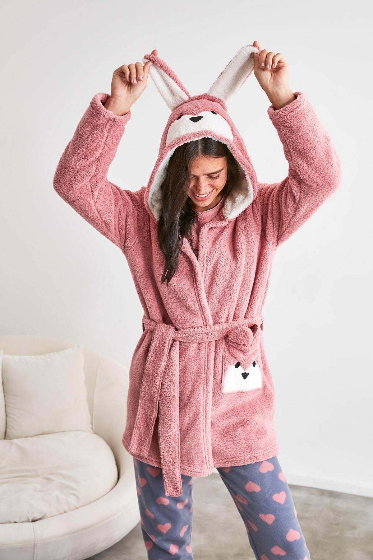 Pink Regular V Neck Dressing Gown, , large image number 5