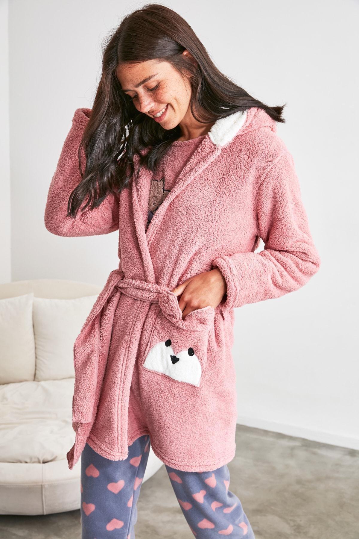 Pink Regular V Neck Dressing Gown, , large image number 6