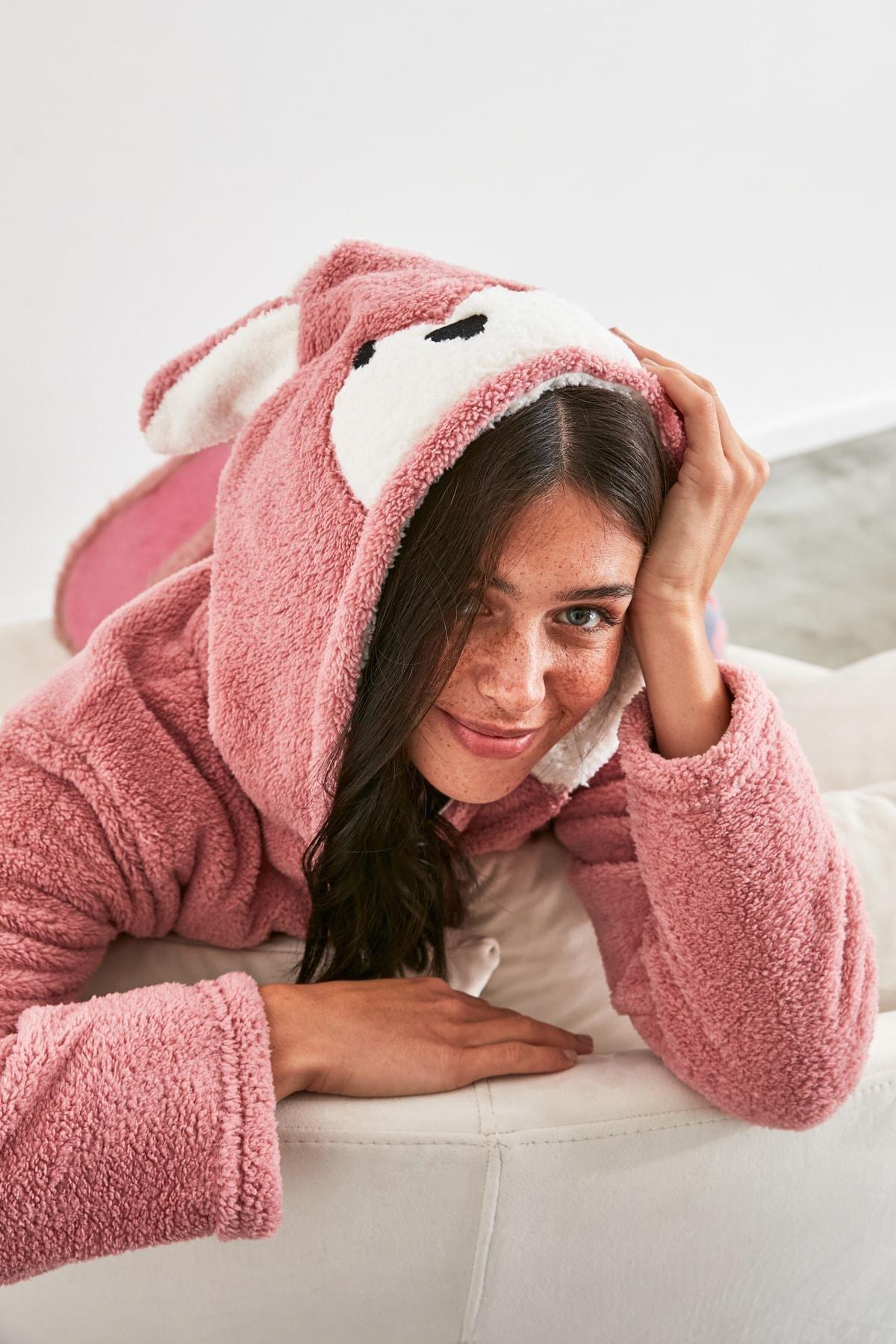 Pink Regular V Neck Dressing Gown, , large image number 8