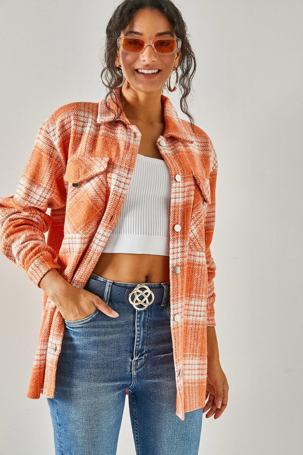 Orange Loose Plaid Stamped Shirt, Orange, large image number 0