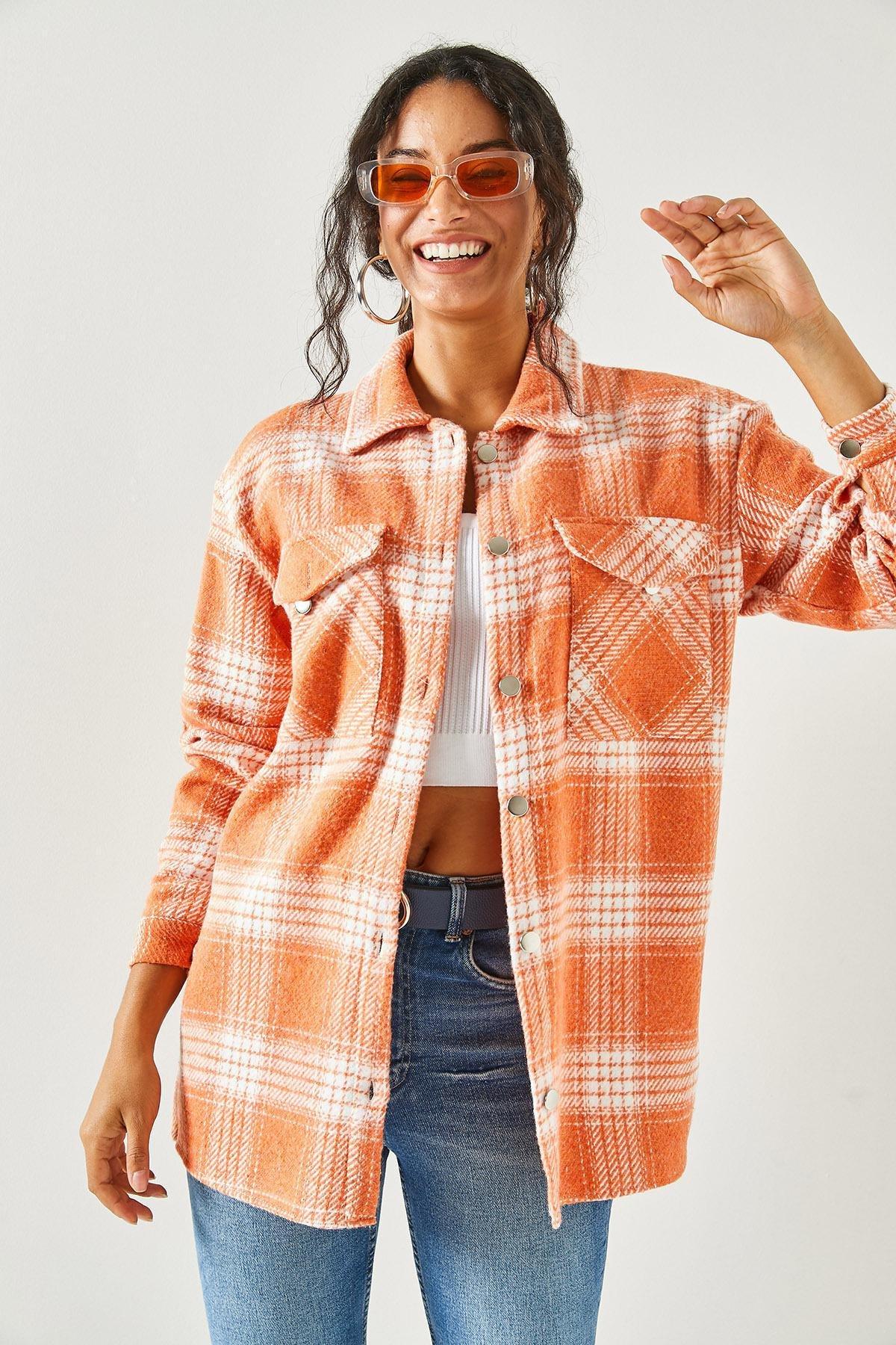 Orange Loose Plaid Stamped Shirt, Orange, large image number 1