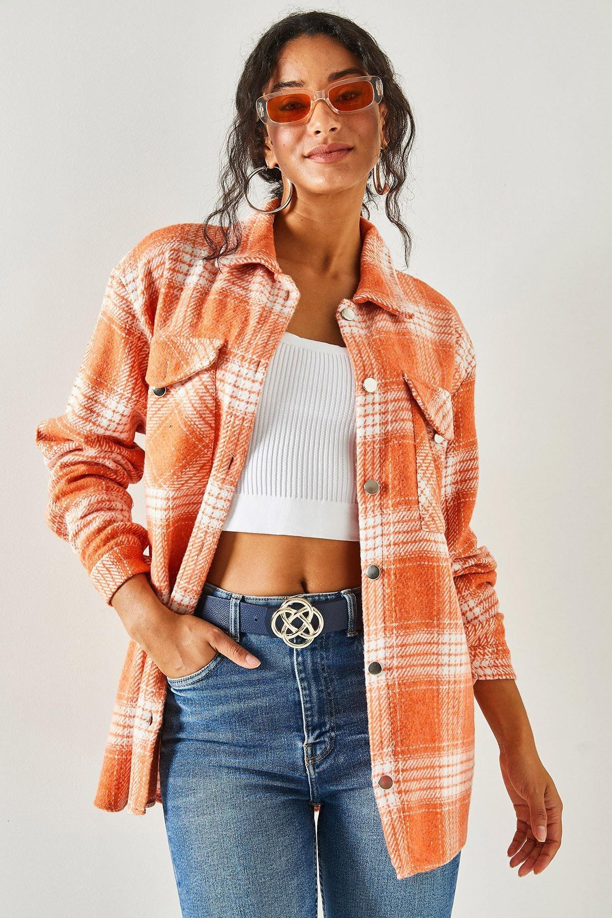 Orange Loose Plaid Stamped Shirt, Orange, large image number 2