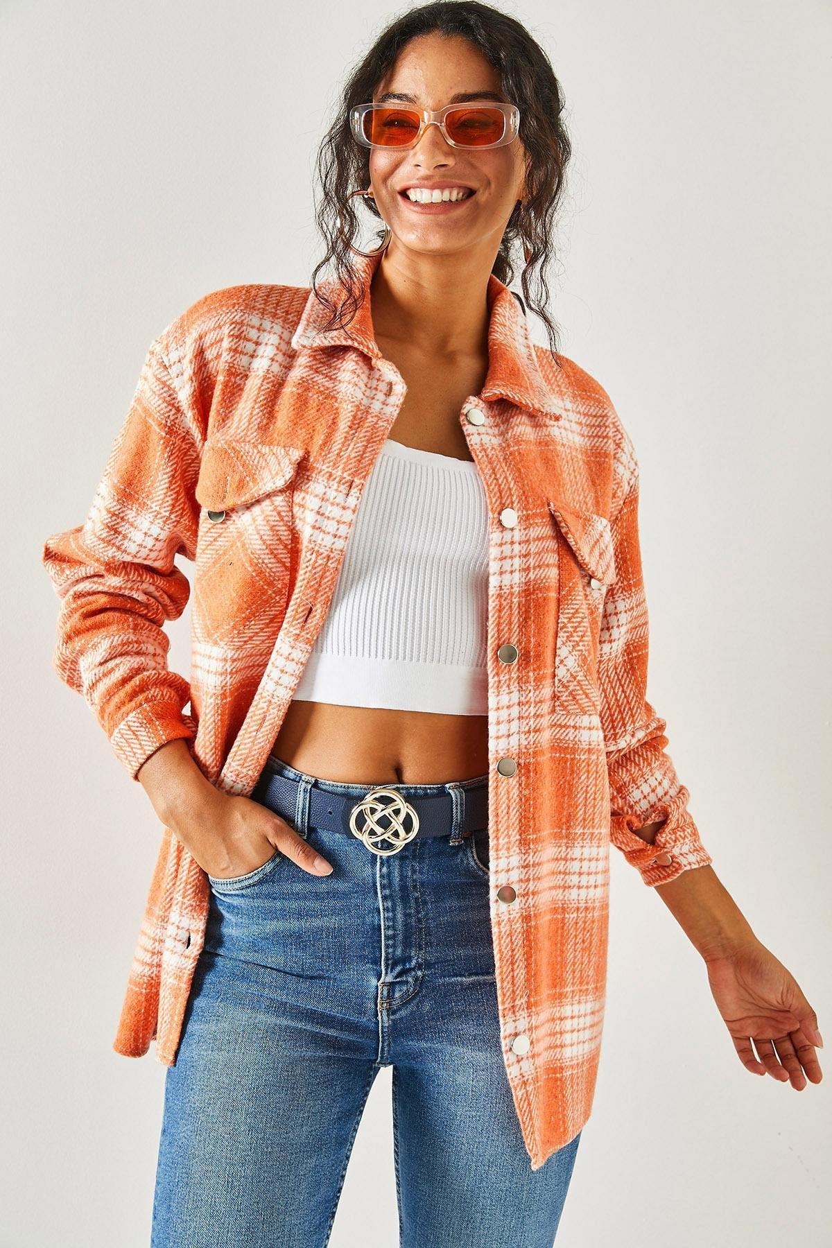 Orange Loose Plaid Stamped Shirt, Orange, large image number 3
