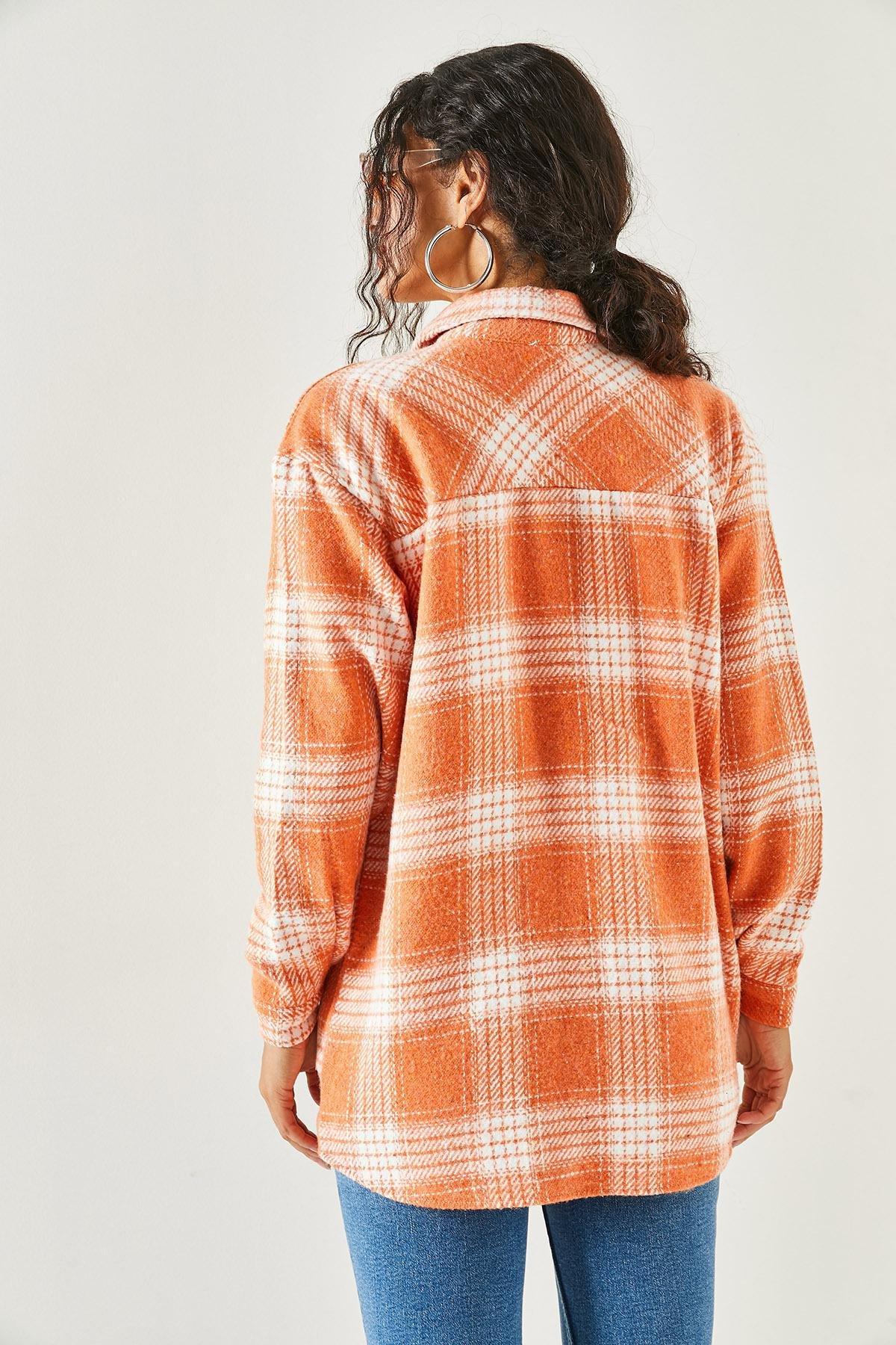 Orange Loose Plaid Stamped Shirt, Orange, large image number 4