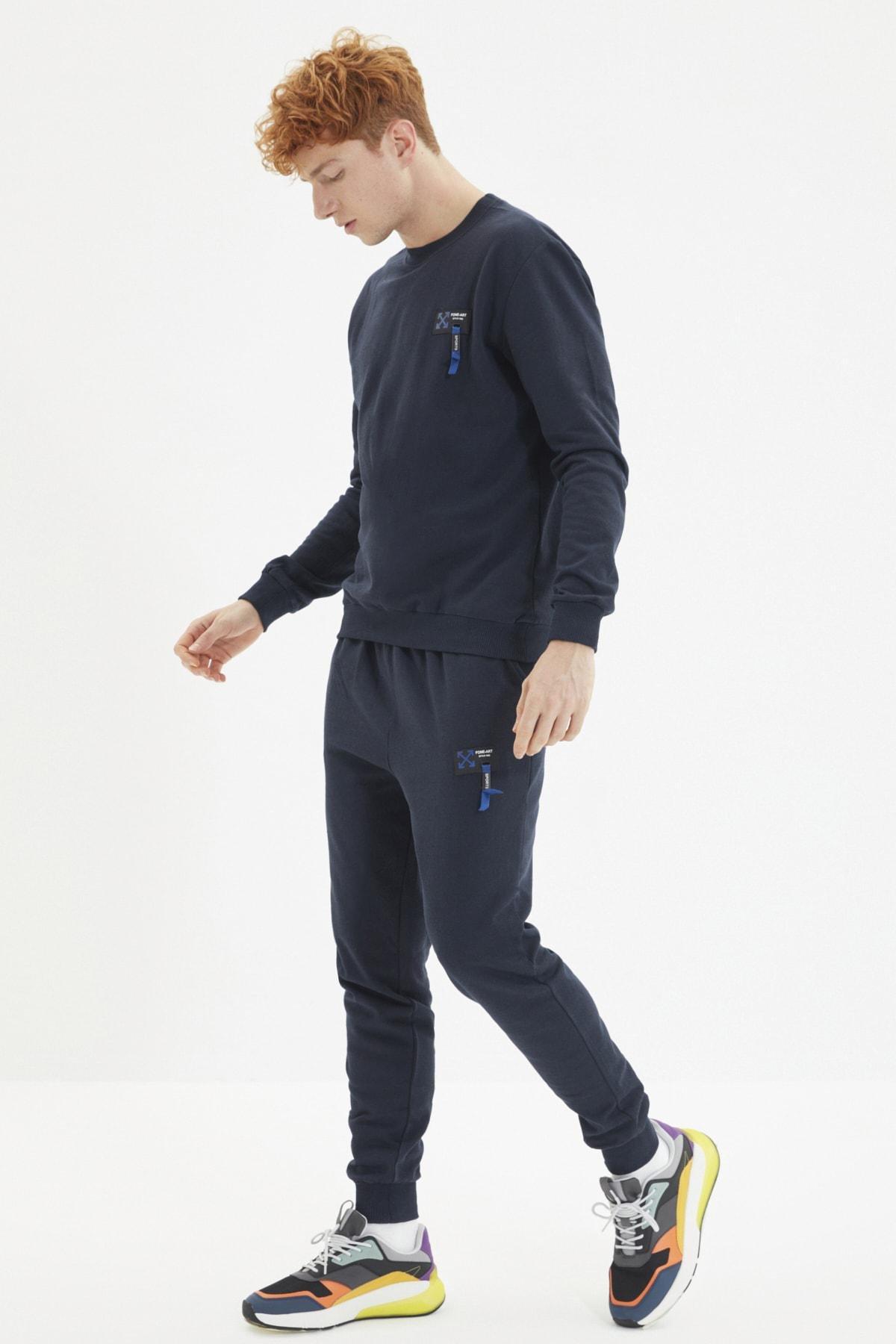 Navy Crew Neck Sweatsuit Co-Ord Set, Dark blue, large image number 1