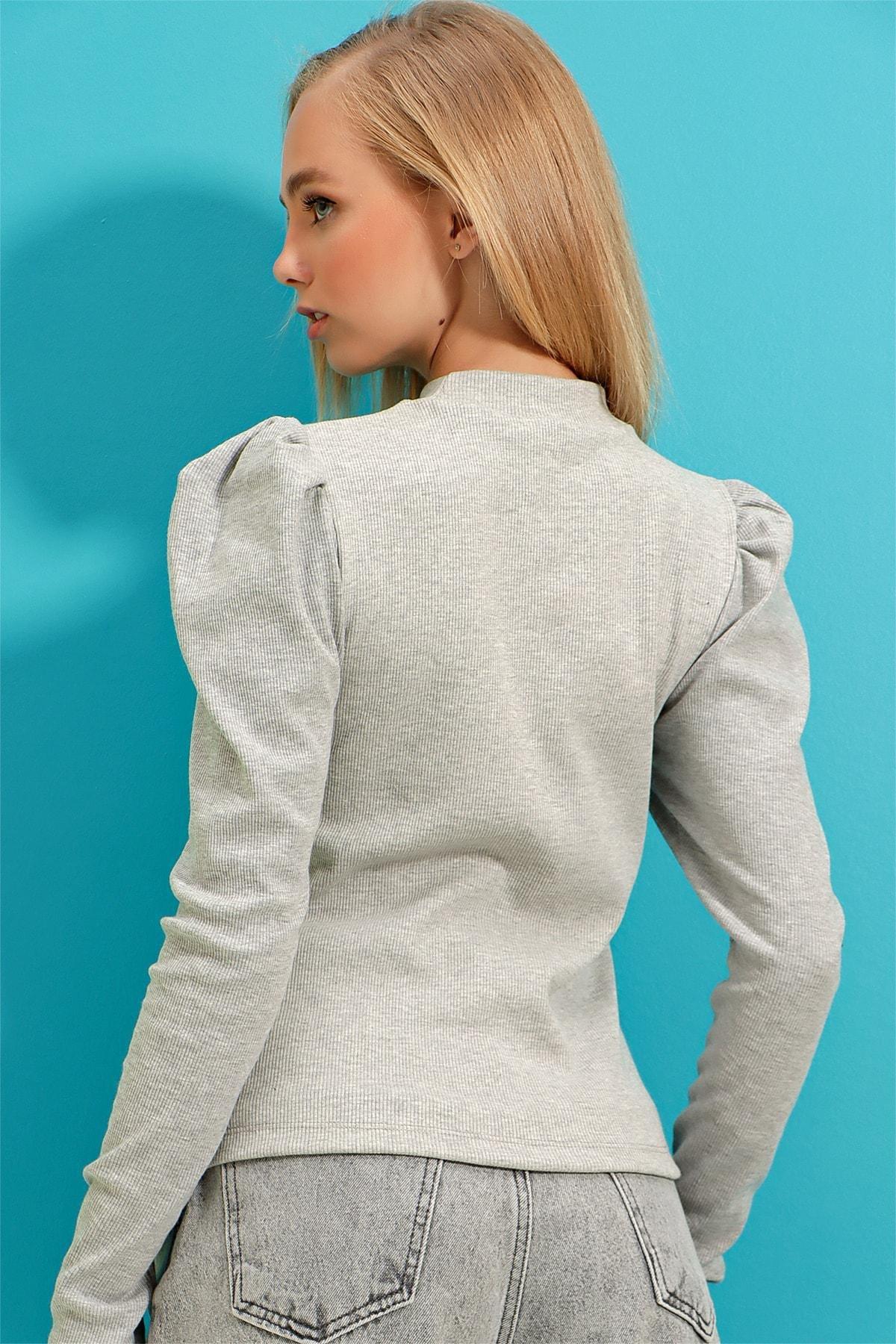 Gray Fitted Crew Neck Blouse, , large image number 4