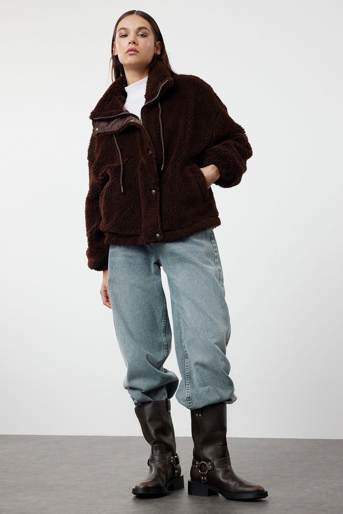 Brown Oversize Molded Zippered Plush Jacket Coat TWOAW21MO0132, single, , large image number 1