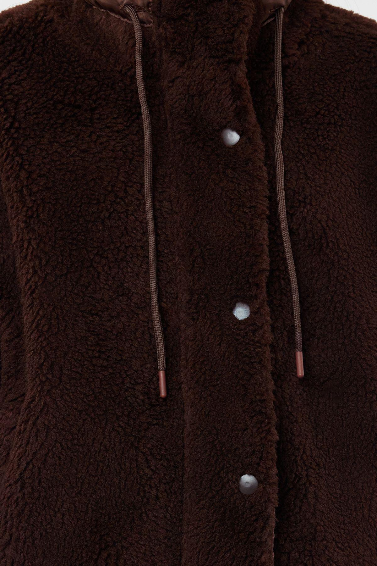 Brown Oversize Molded Zippered Plush Jacket Coat TWOAW21MO0132, single, , large image number 2