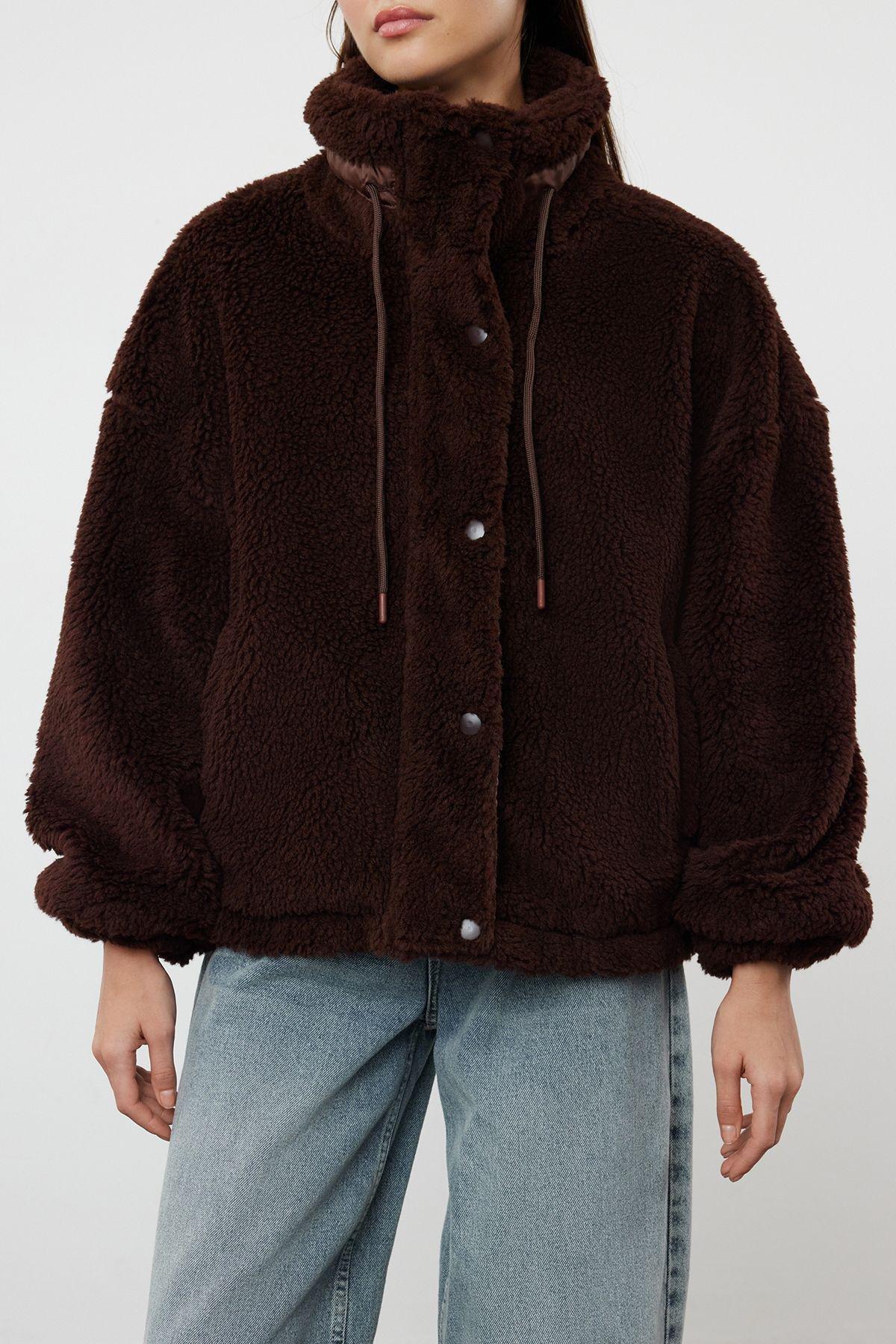 Brown Oversize Molded Zippered Plush Jacket Coat TWOAW21MO0132, single, , large image number 3