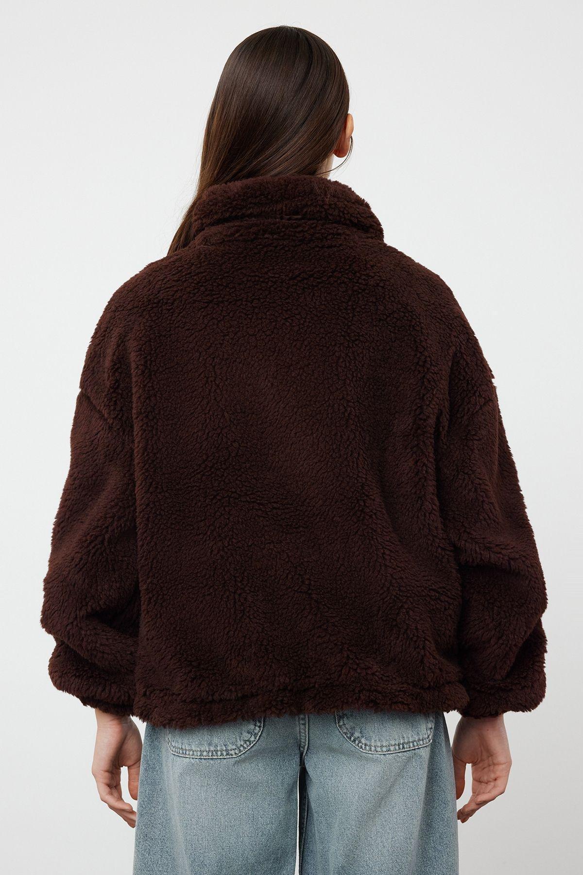 Brown Oversize Molded Zippered Plush Jacket Coat TWOAW21MO0132, single, , large image number 4