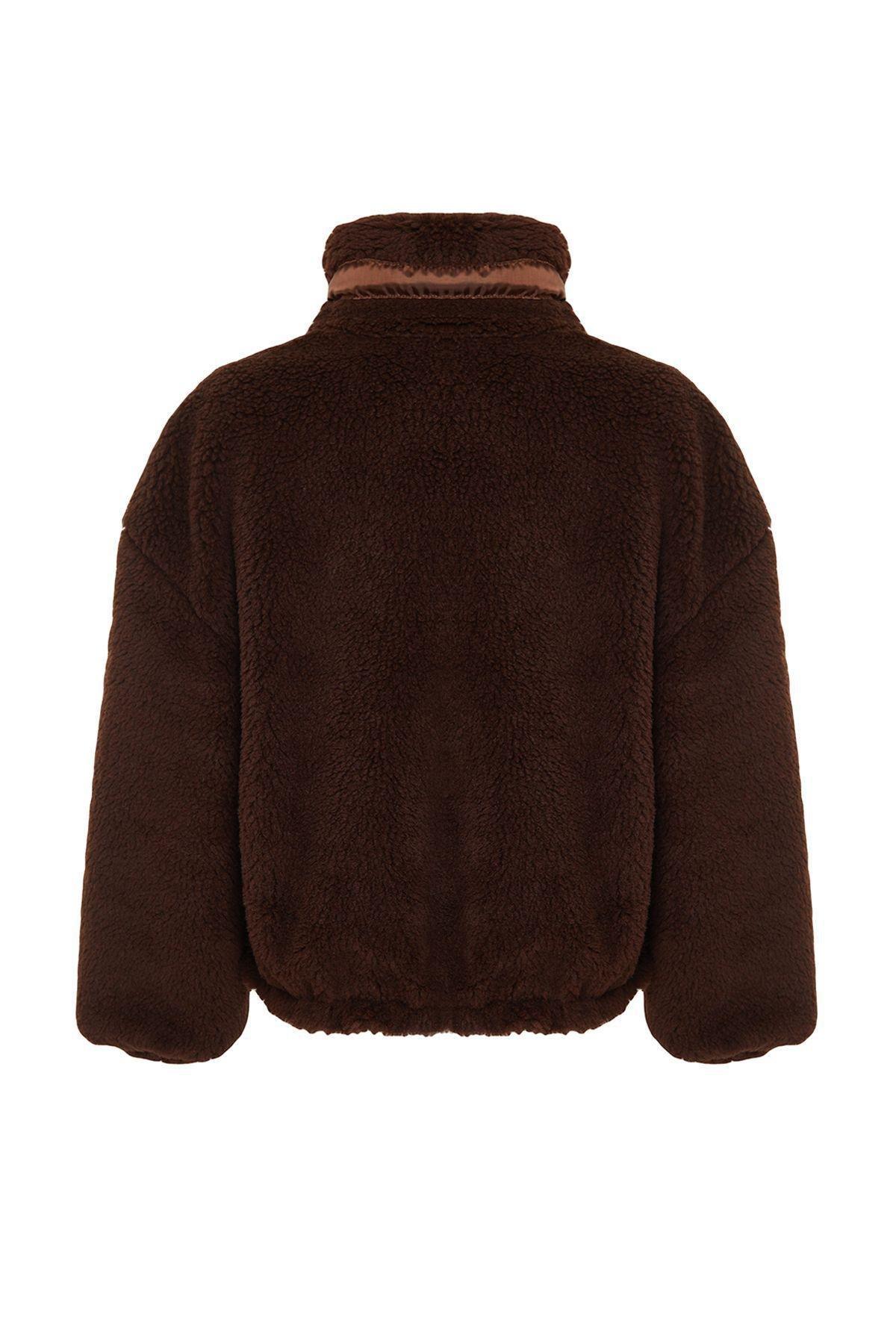 Brown Oversize Molded Zippered Plush Jacket Coat TWOAW21MO0132, single, , large image number 5