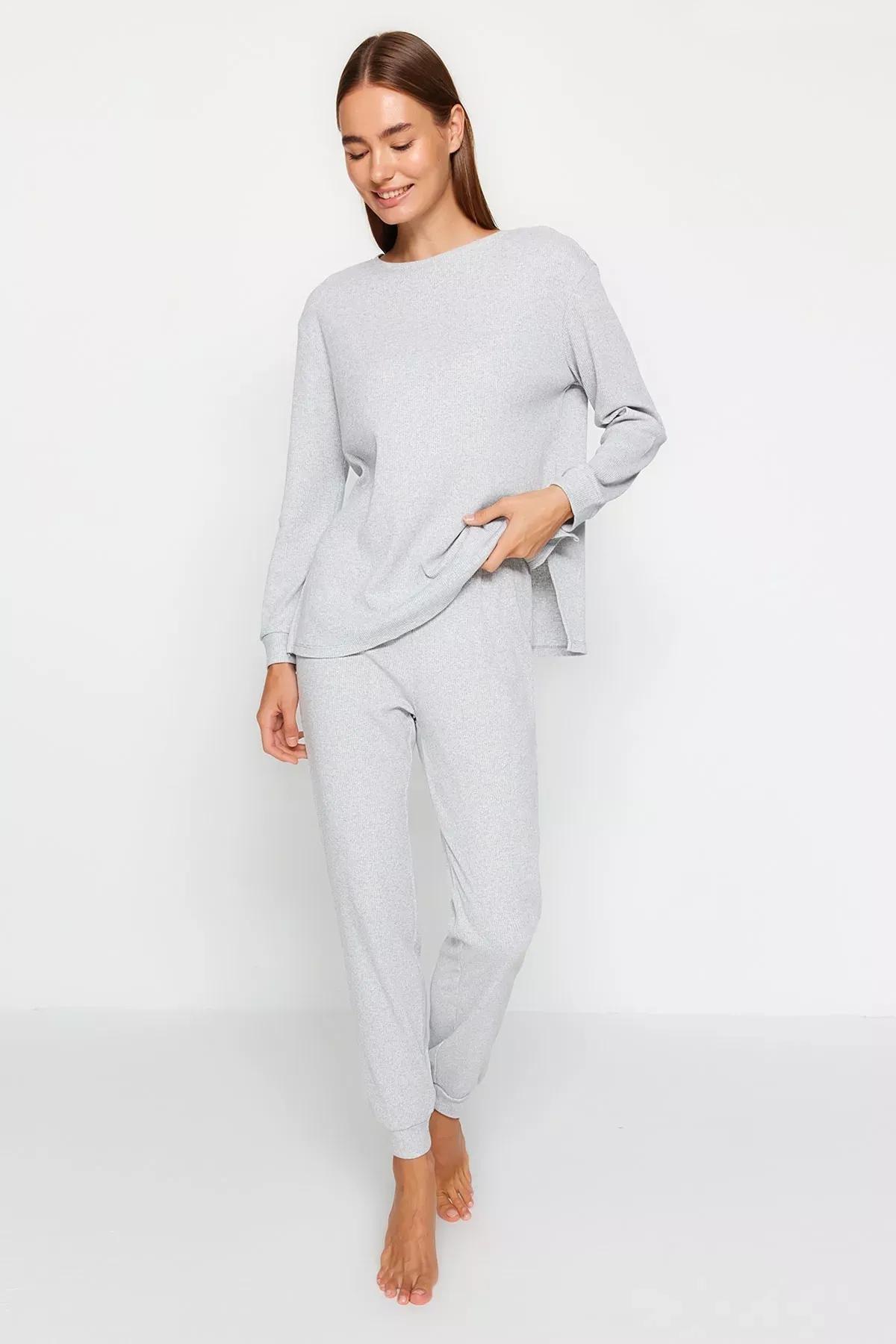 Grey Plain Crew Neck Pajama Set, Gray, medium