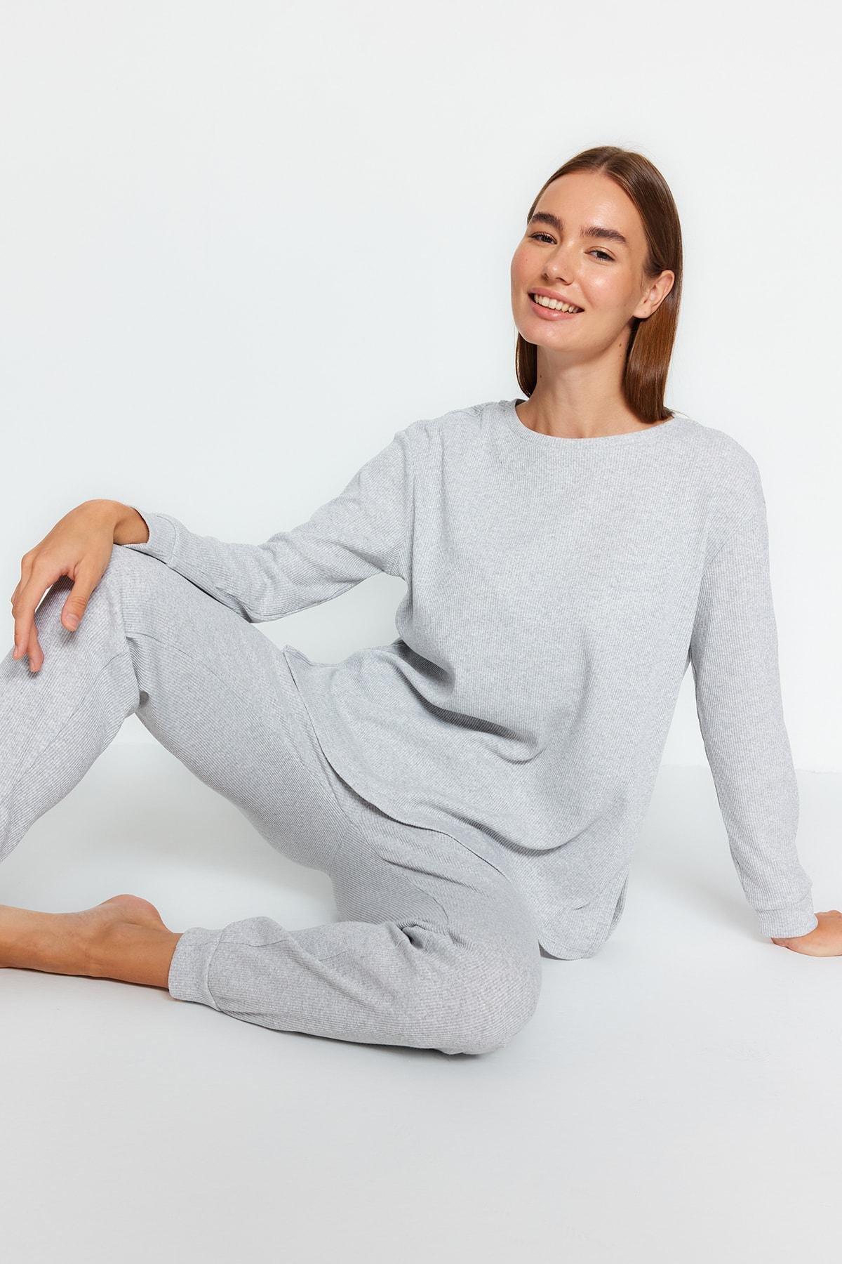 Grey Plain Crew Neck Pajama Set, Gray, large image number 2