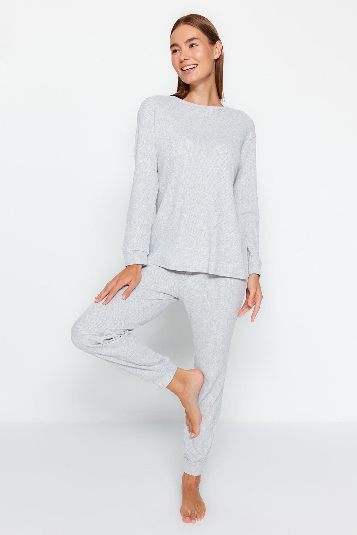 Grey Plain Crew Neck Pajama Set, Gray, large image number 3