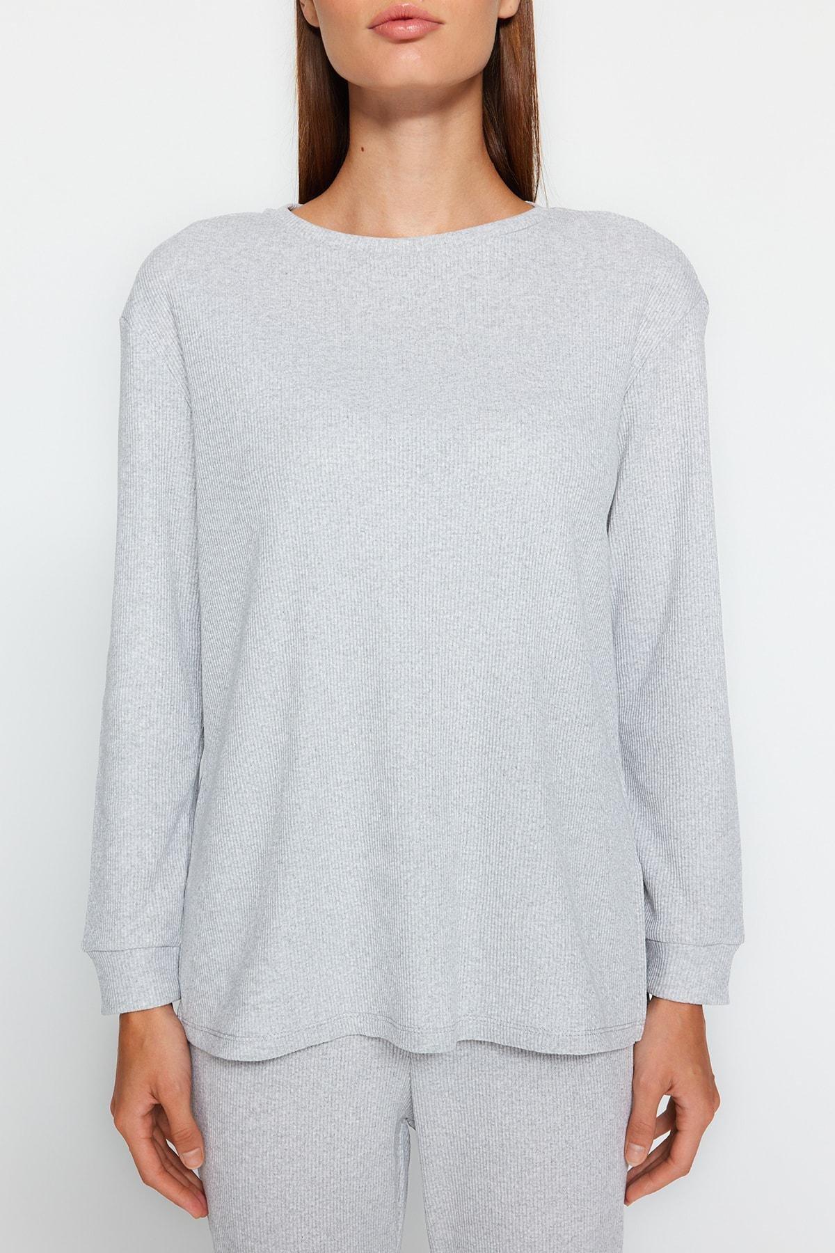 Grey Plain Crew Neck Pajama Set, Gray, large image number 4