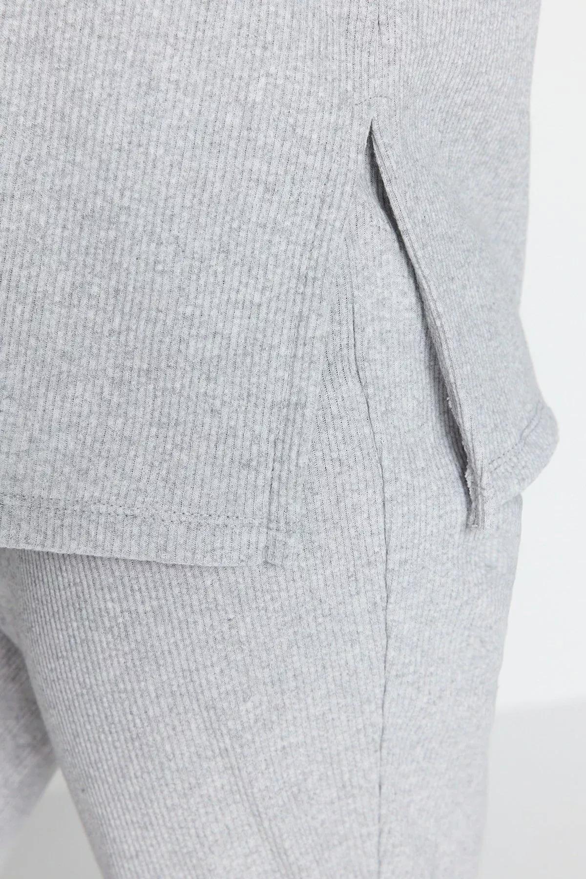 Grey Plain Crew Neck Pajama Set, Gray, large image number 7