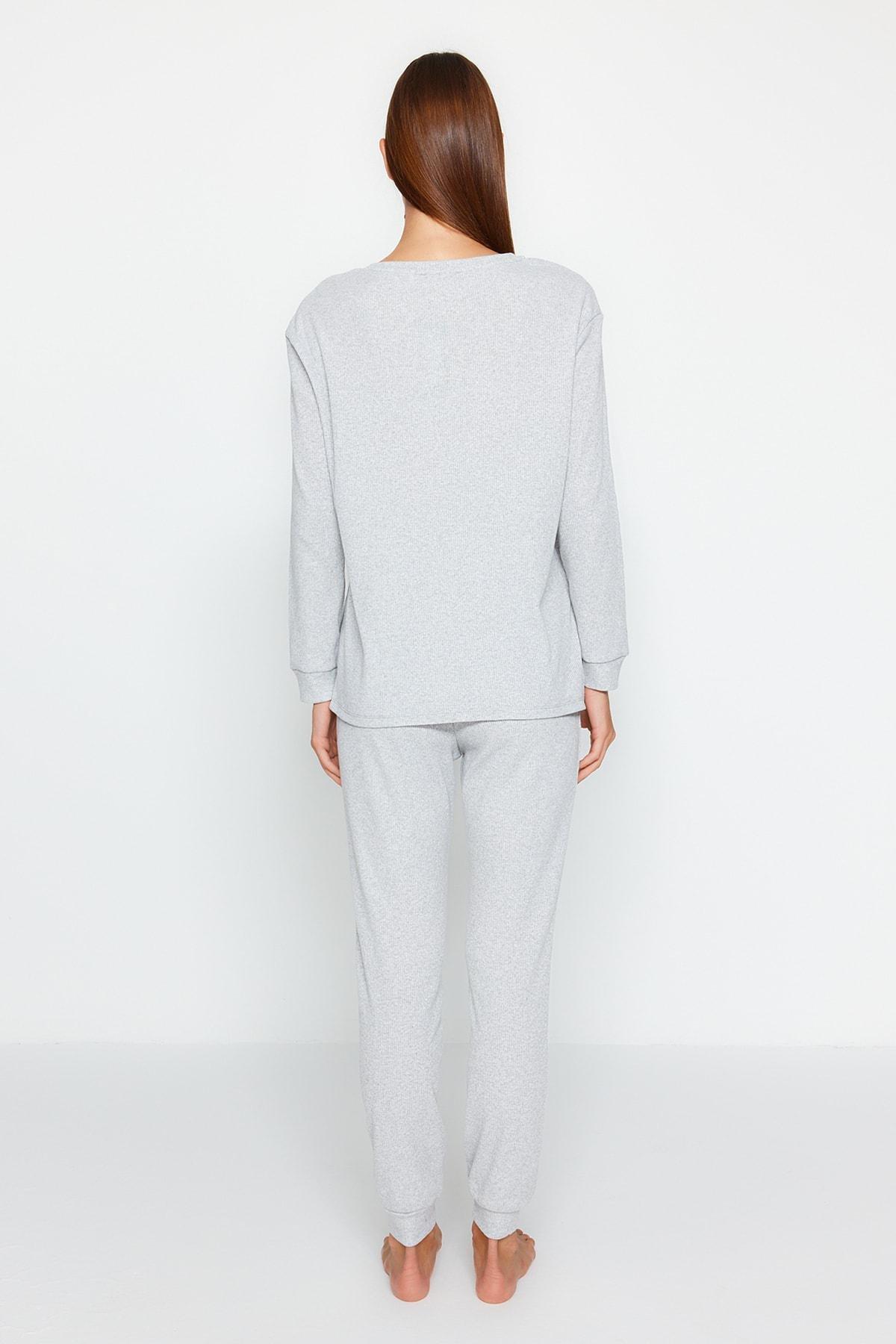 Grey Plain Crew Neck Pajama Set, Gray, large image number 8