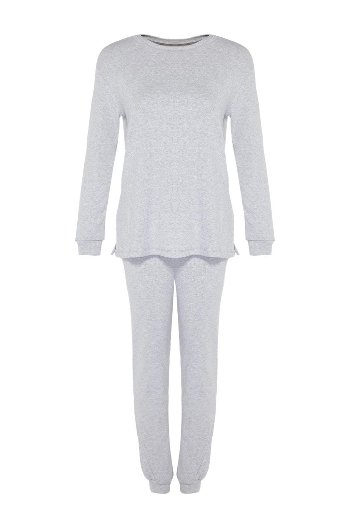 Grey Plain Crew Neck Pajama Set, Gray, large image number 9