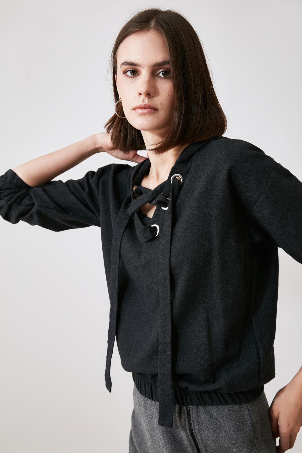 Gray Cotton Long Sleeve Hooded Blouse, , large image number 0