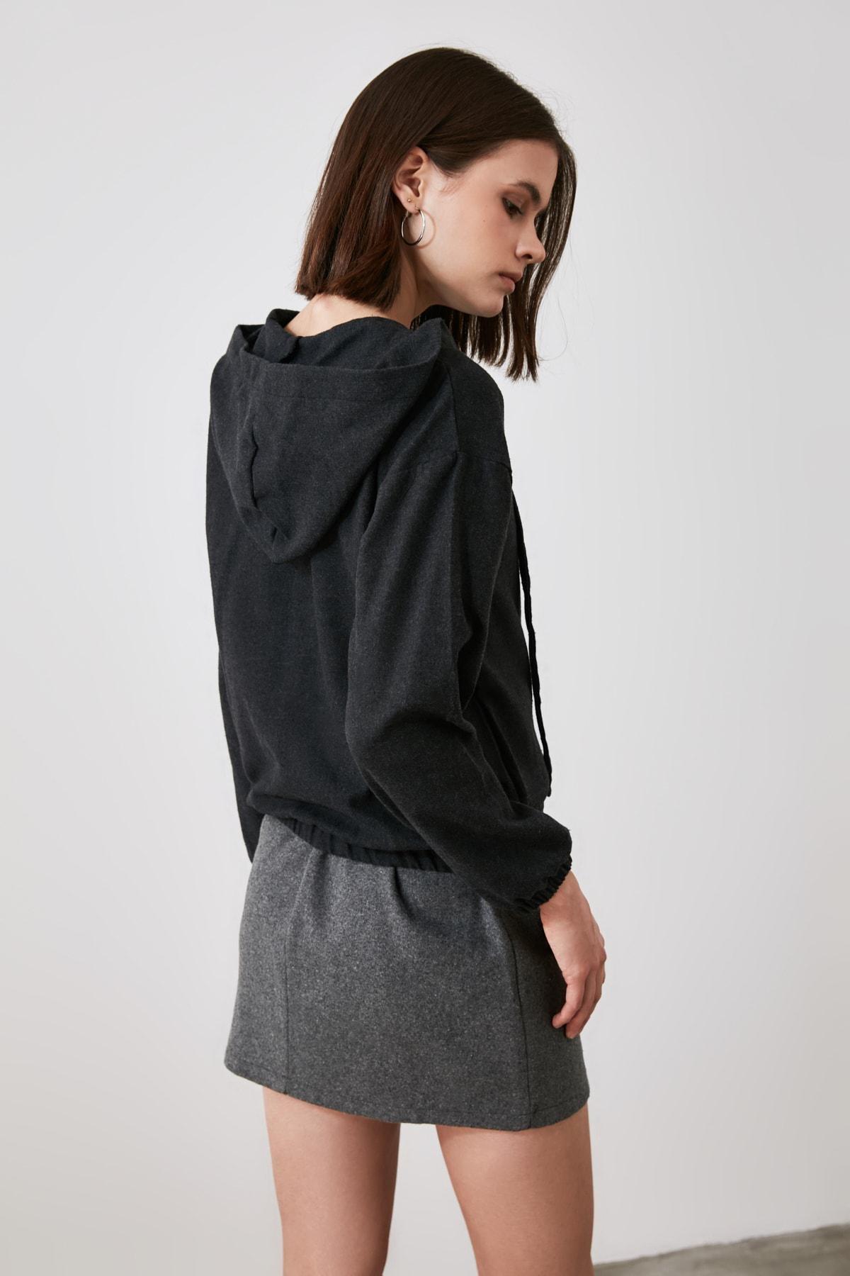 Gray Cotton Long Sleeve Hooded Blouse, , large image number 1