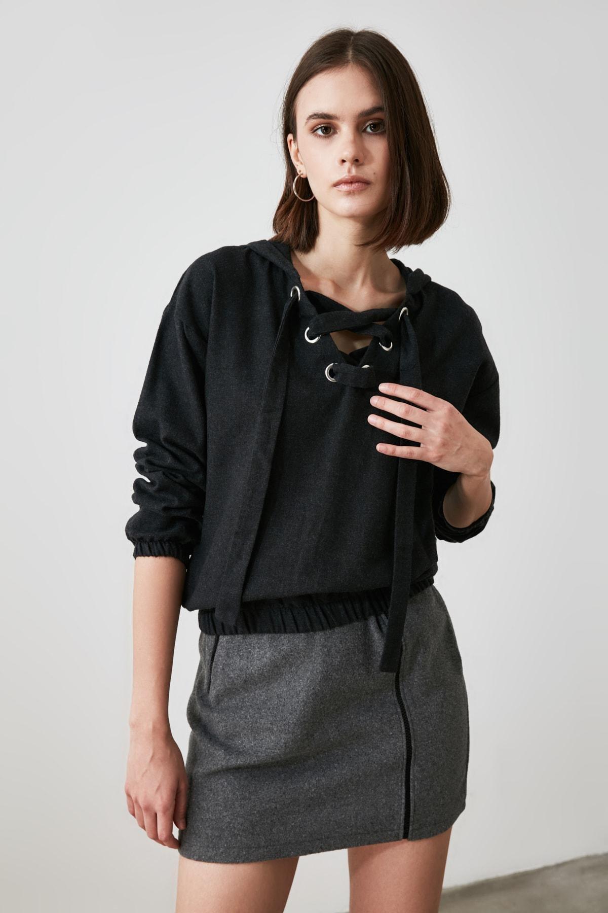 Gray Cotton Long Sleeve Hooded Blouse, , large image number 2