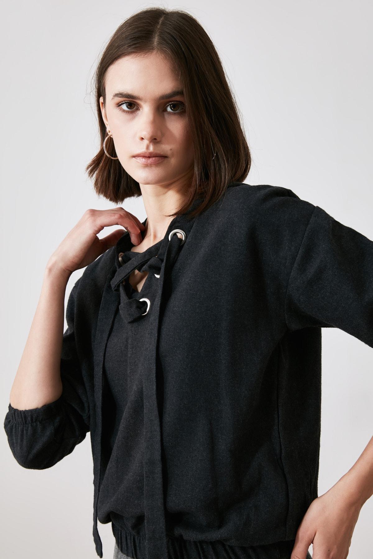 Gray Cotton Long Sleeve Hooded Blouse, , large image number 3