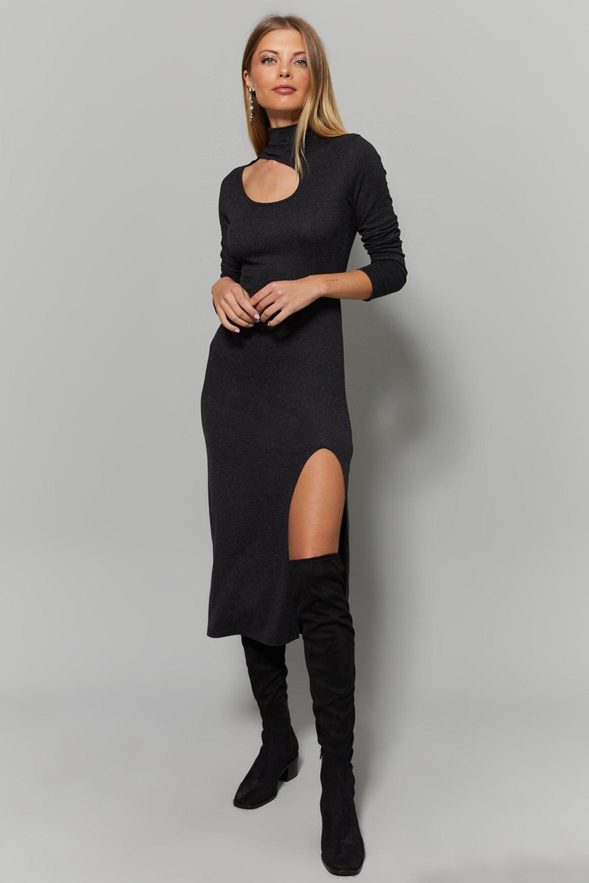 Black High Neck Bodycon Dress, Anthracite, large image number 3